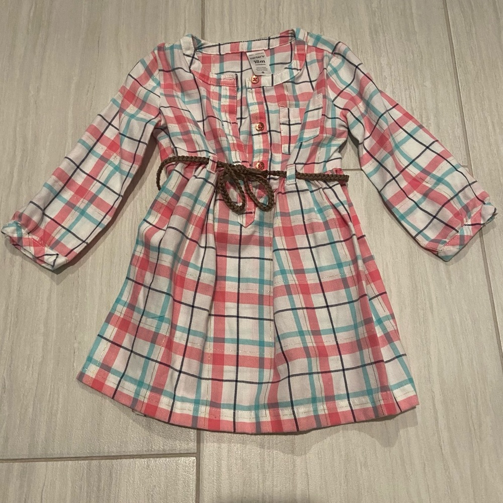 NWOT Carter’s baby girl pink & blue plaid tie casual long sleeve dress size 18M